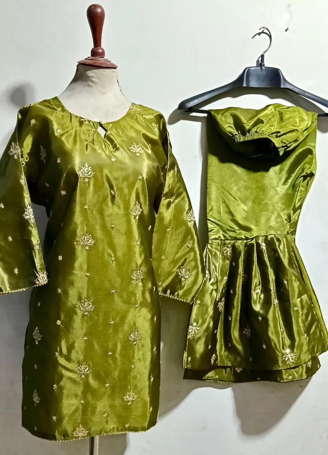 2 Pcs Women's Stitched Katan Silk Embroidered Shirt And sharara 2p