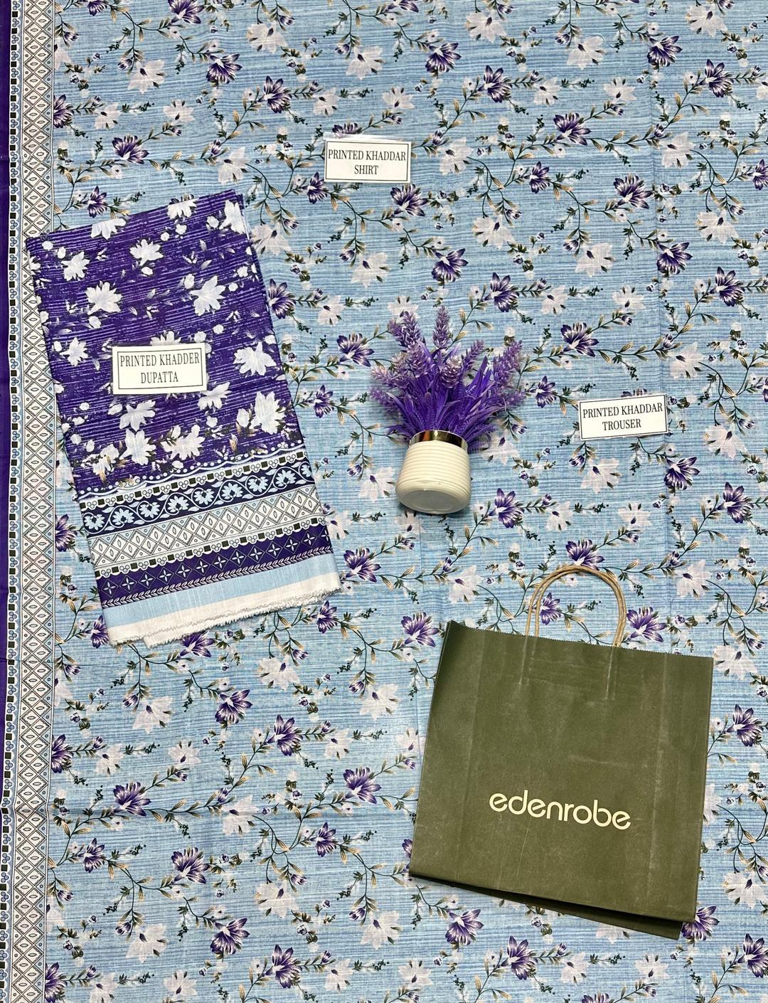 Elegant 3 Pcs Printed Khaddar Suit in Blue