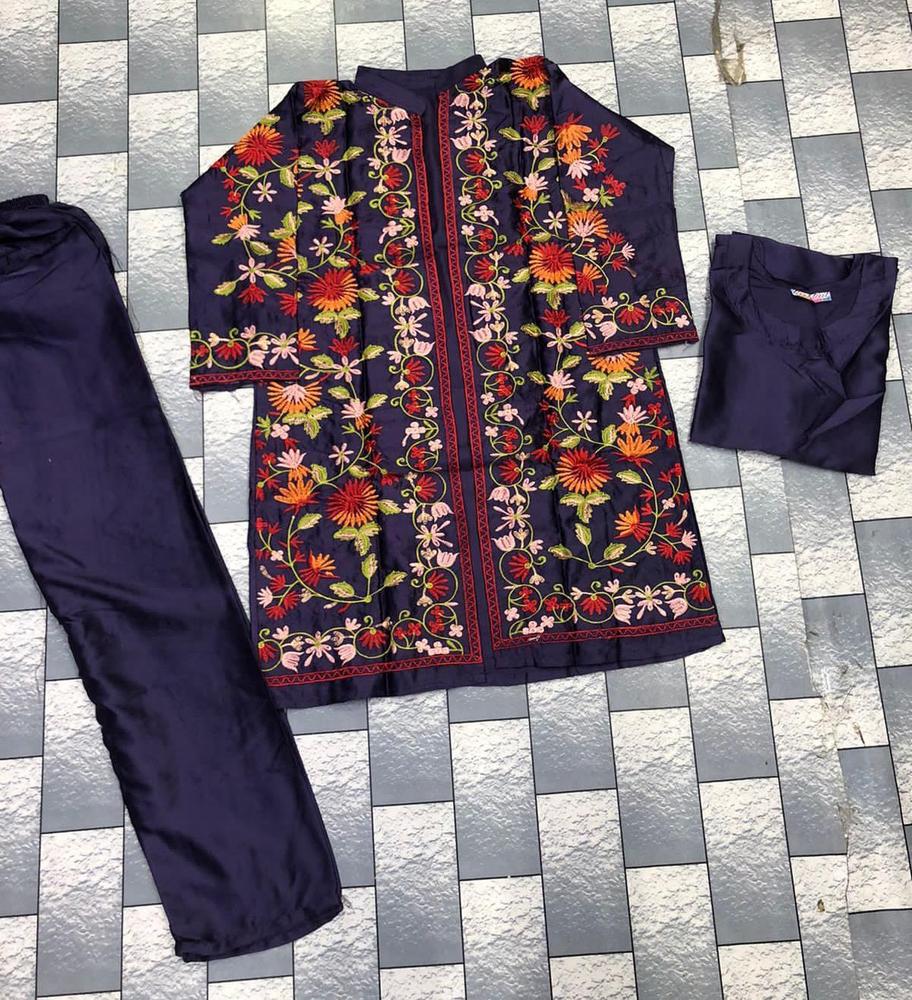 3 Pcs Women's Stitched Katan Silk Embroidered Gown Suit