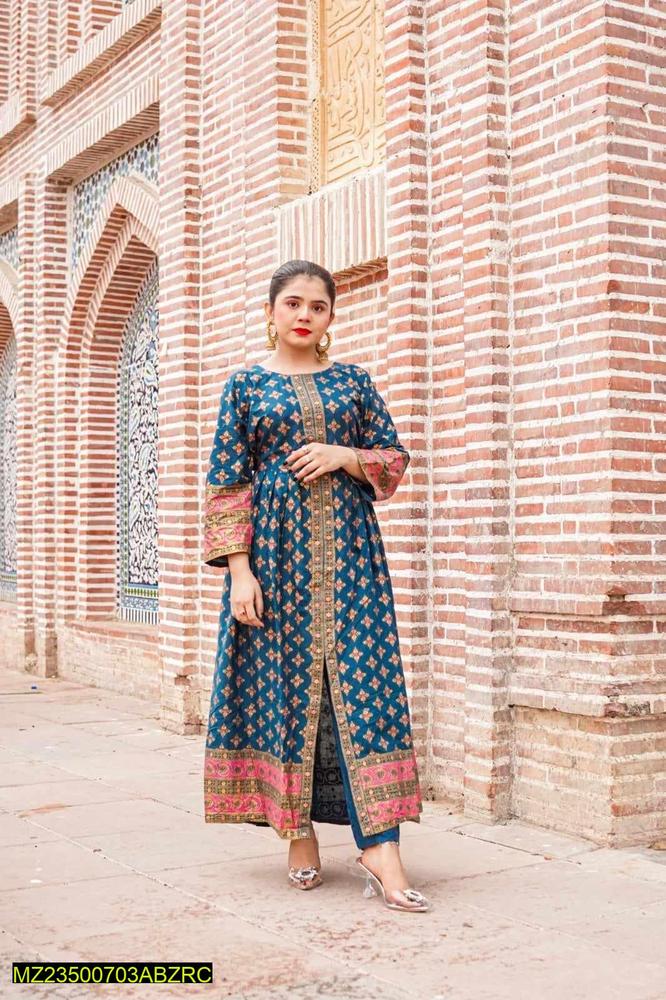 2 Pcs Women's Stitched Katan Silk Printed Suit