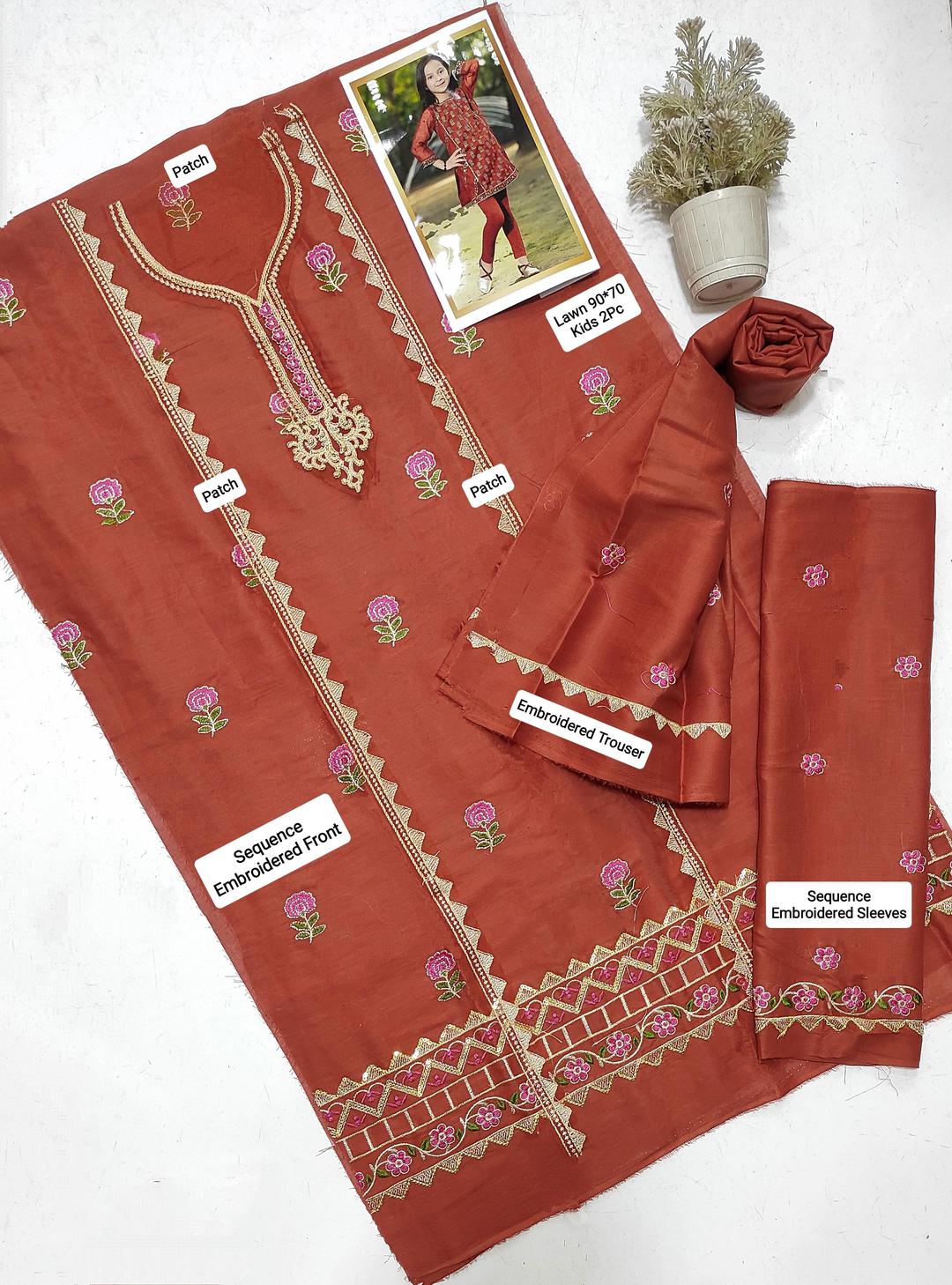 2 Pcs Girl's Lawn Embroidered Unstitched Suit