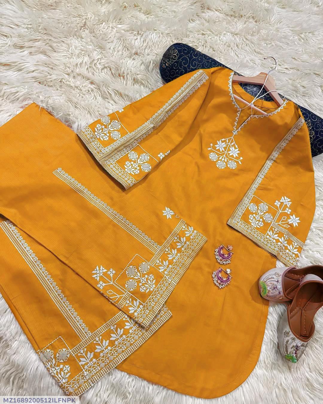 2 Pcs Women's Stitched Cotton Embroidered Shirt And Trouser