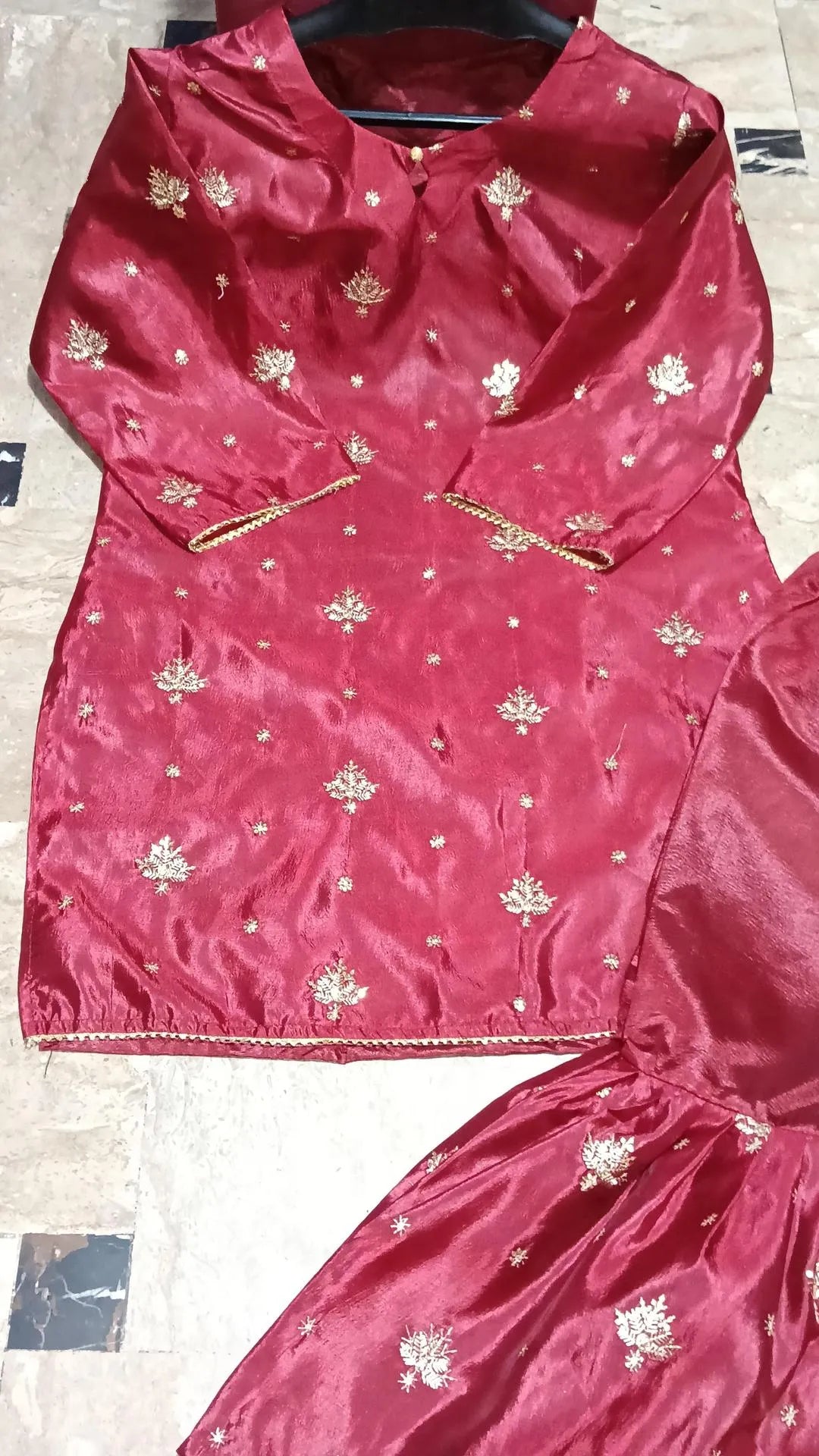 2 Pcs Women's Stitched Katan Silk Embroidered Shirt And sharara 2p