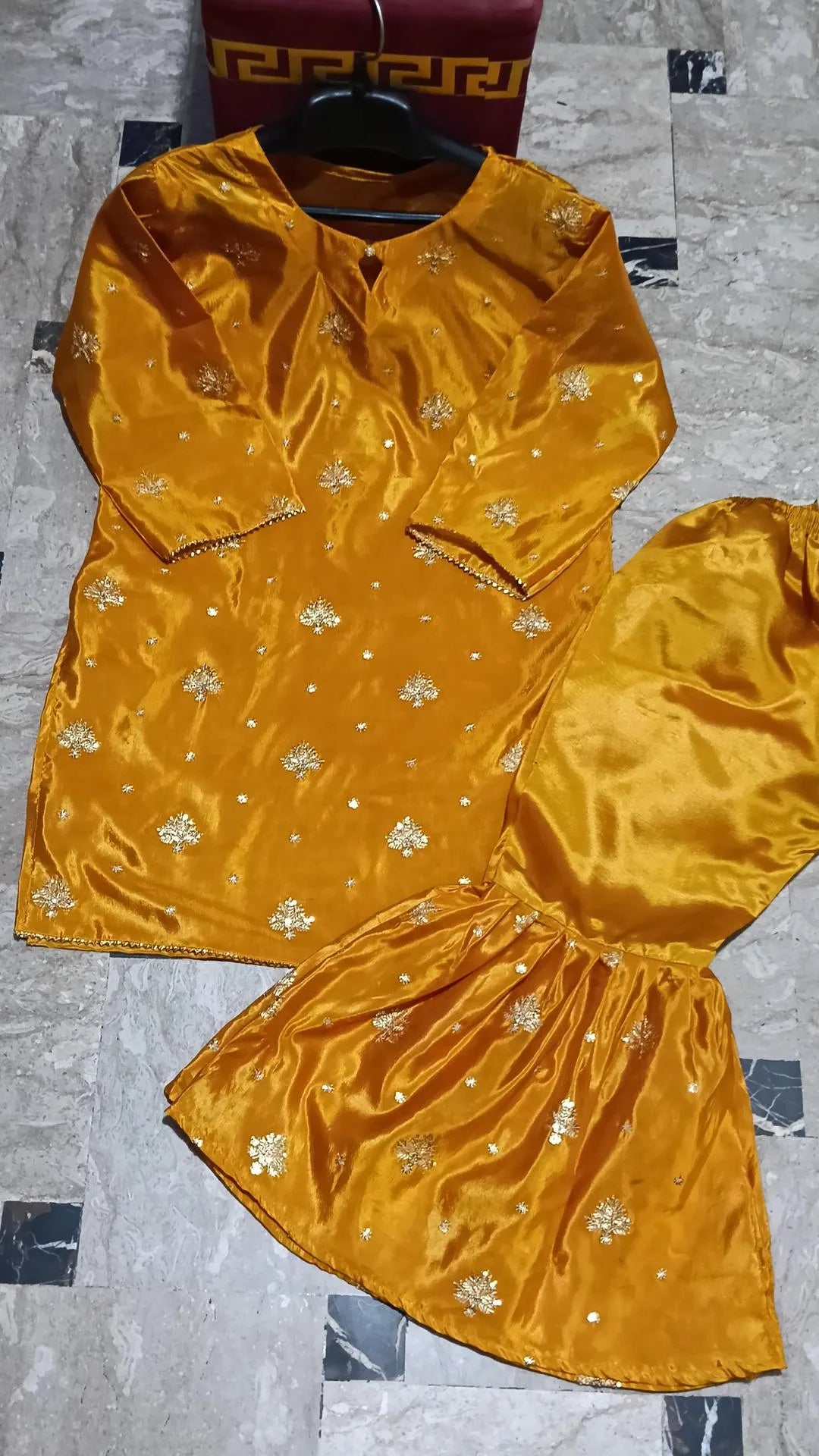 2 Pcs Women's Stitched Katan Silk Embroidered Shirt And sharara 2p
