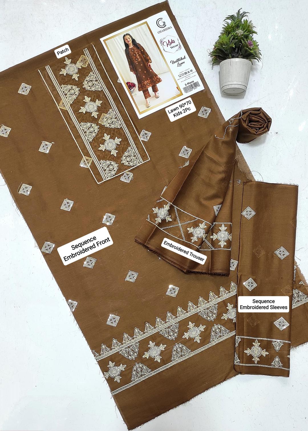 2 Pcs Girl's Lawn Embroidered Unstitched Suit
