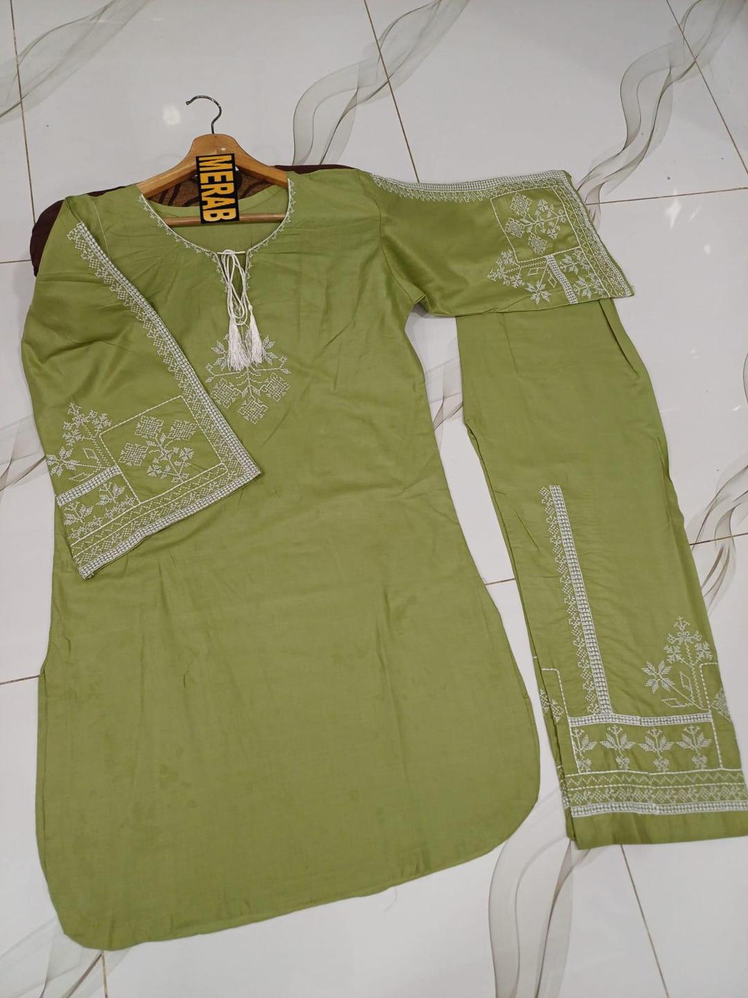 2 Pcs Women's Stitched Cotton Embroidered Shirt And Trouser