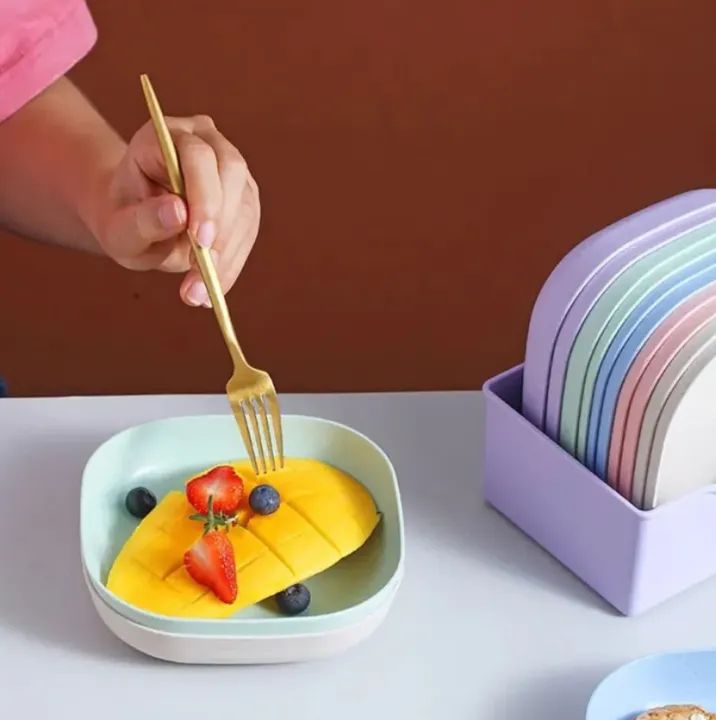 Square Plastic Dinner Plate Set Set of 10 Pcs Colorful Snacks Breakfast Plate with Stand Kitchen Tools 10Pcs MultiColor