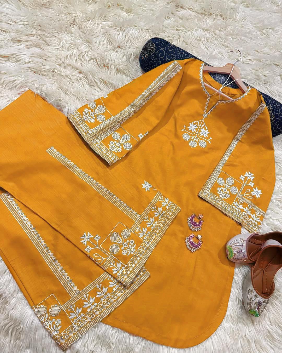 2 Pcs Women's Stitched Cotton Embroidered Shirt And Trouser