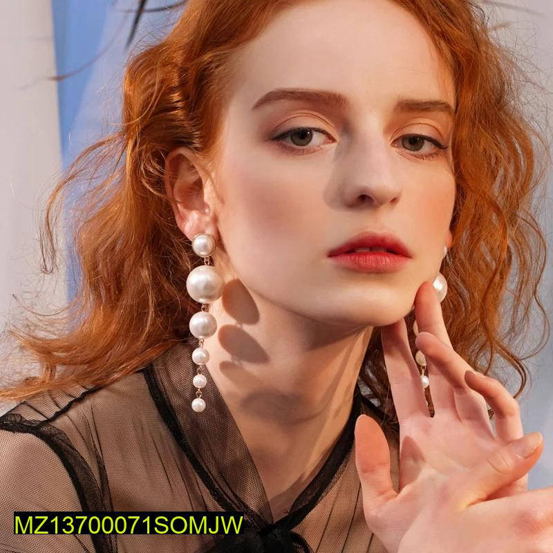 Pair Of Stylish Long Pearl Drop Tassel Earrings