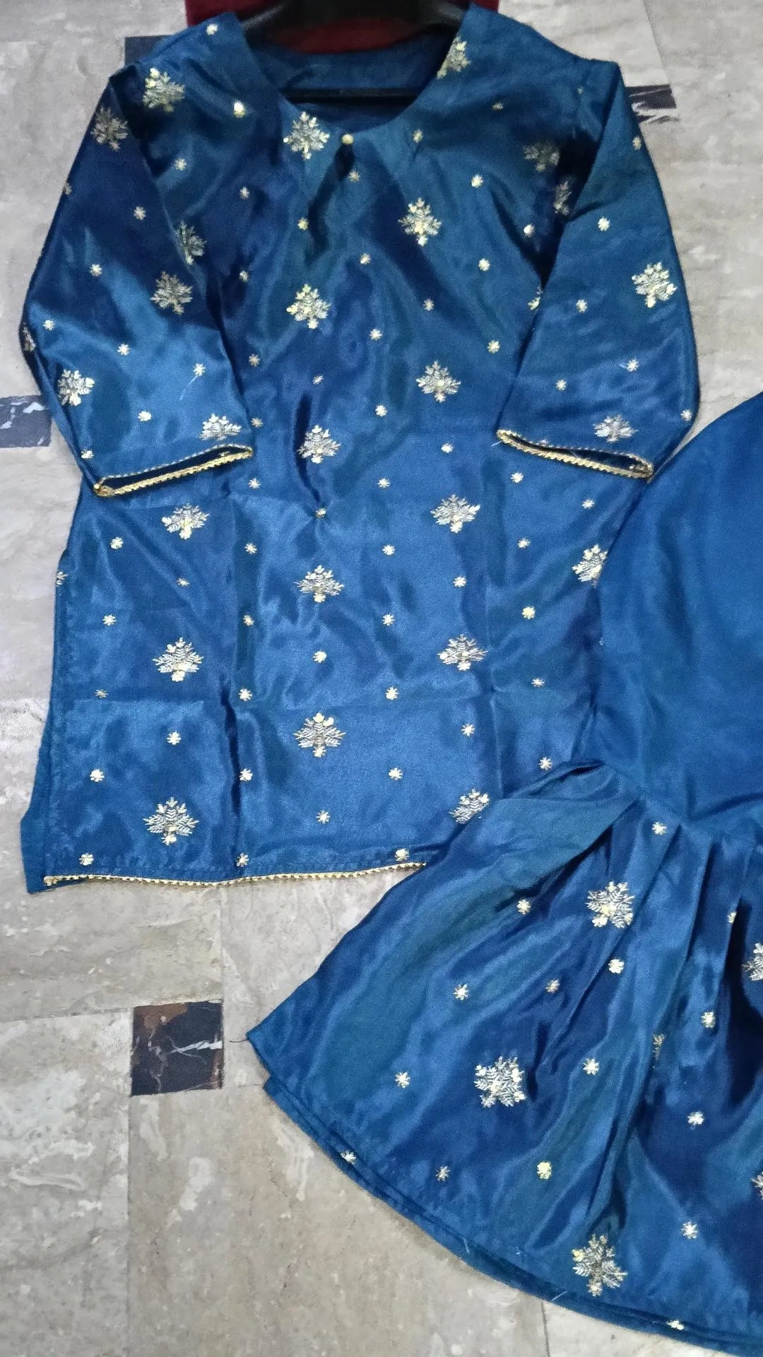 2 Pcs Women's Stitched Katan Silk Embroidered Shirt And sharara 2p