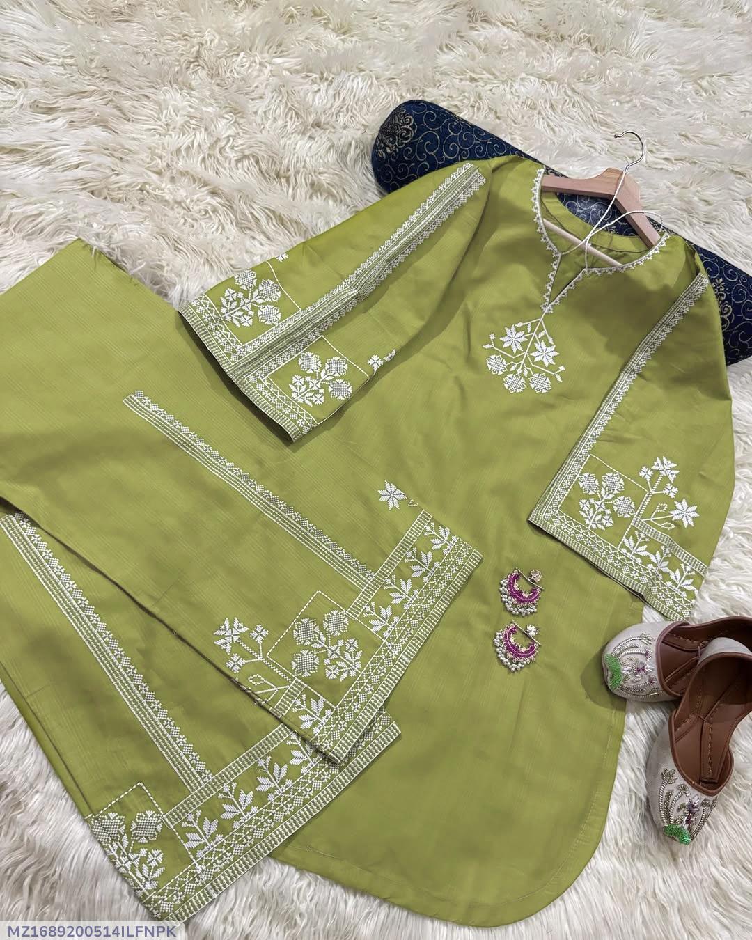2 Pcs Women's Stitched Cotton Embroidered Shirt And Trouser