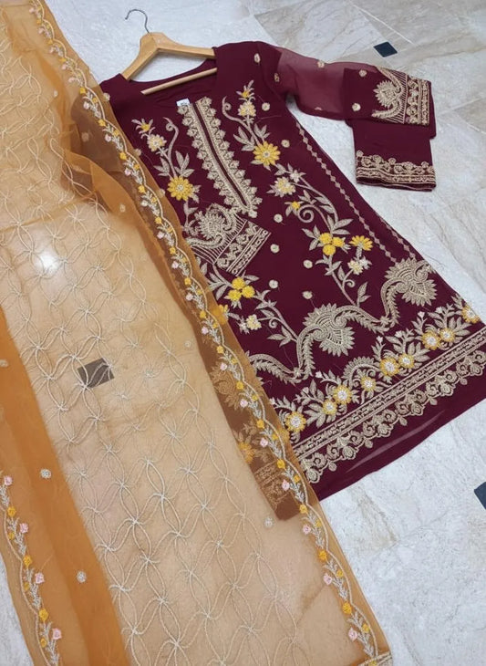 3 Pcs Women's Stitched Organza Embroidered Suit