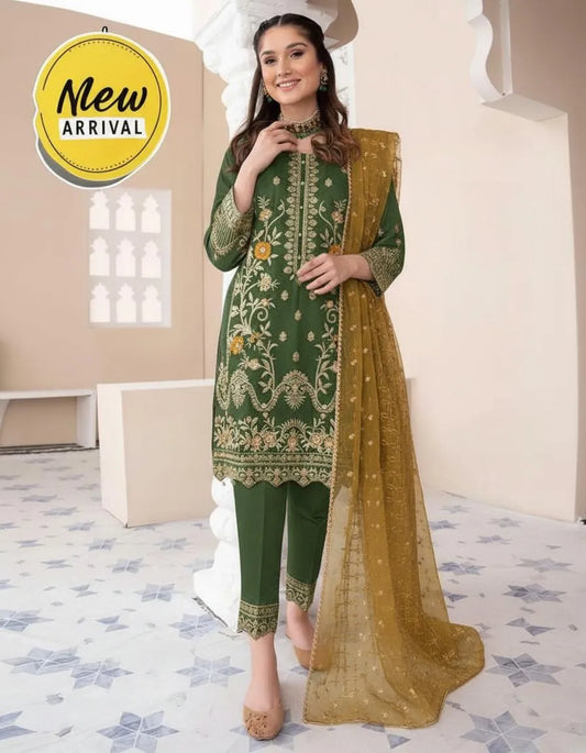 3 Pcs Women's Stitched Organza Embroidered Suit