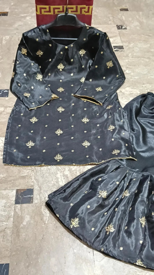 2 Pcs Women's Stitched Katan Silk Embroidered Shirt And sharara 2p