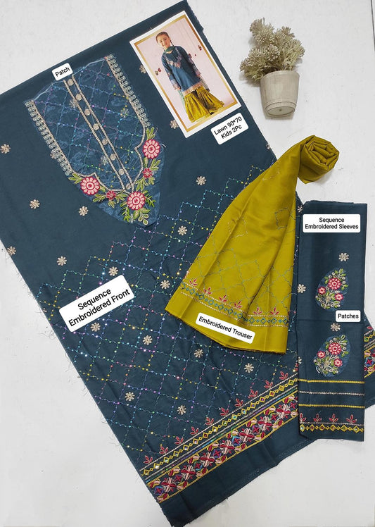 2 Pcs Girl's Lawn Embroidered Unstitched Suit