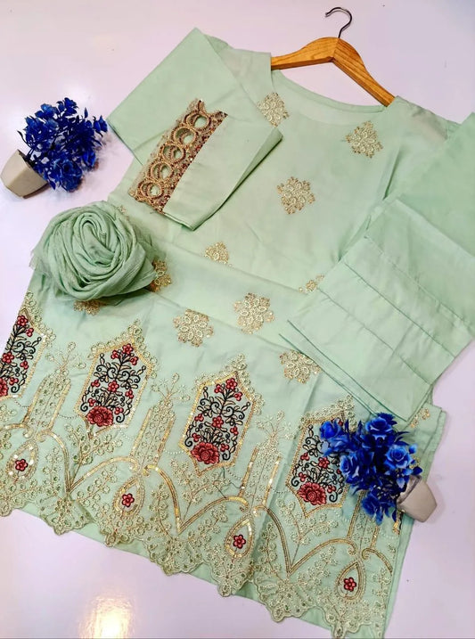 3 Pcs Women's Stitched Cotton Sequins Embroidered Suit