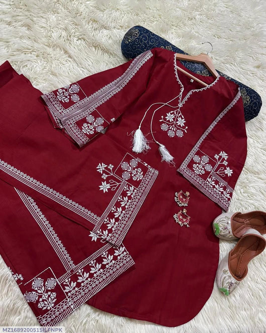 2 Pcs Women's Stitched Cotton Embroidered Shirt And Trouser