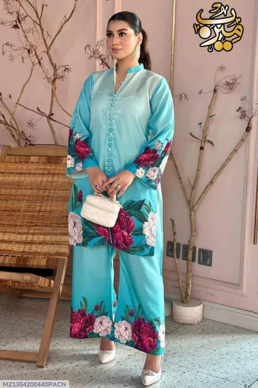 2 Pcs Women's Stitched Silk Printed Shirt And Trouser