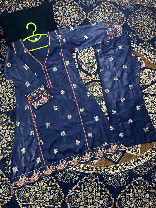 2 Pcs Girl's Cotton Embroidered Kurta And Trouser