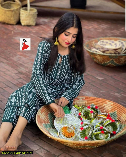 2 Pcs Summer Printed Linen Stitiched Suit