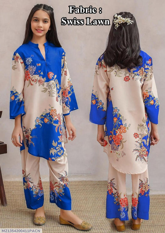 2 Pcs Girl's Lawn Printed Shirt And Trouser Suit