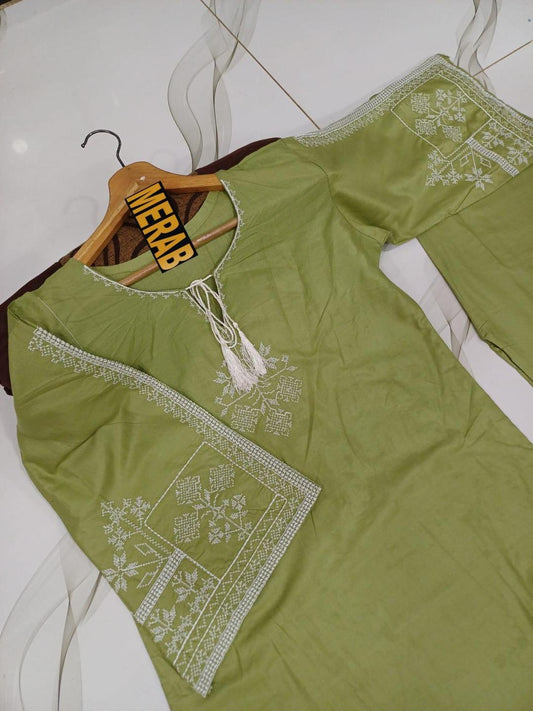 2 Pcs Women's Stitched Cotton Embroidered Shirt And Trouser