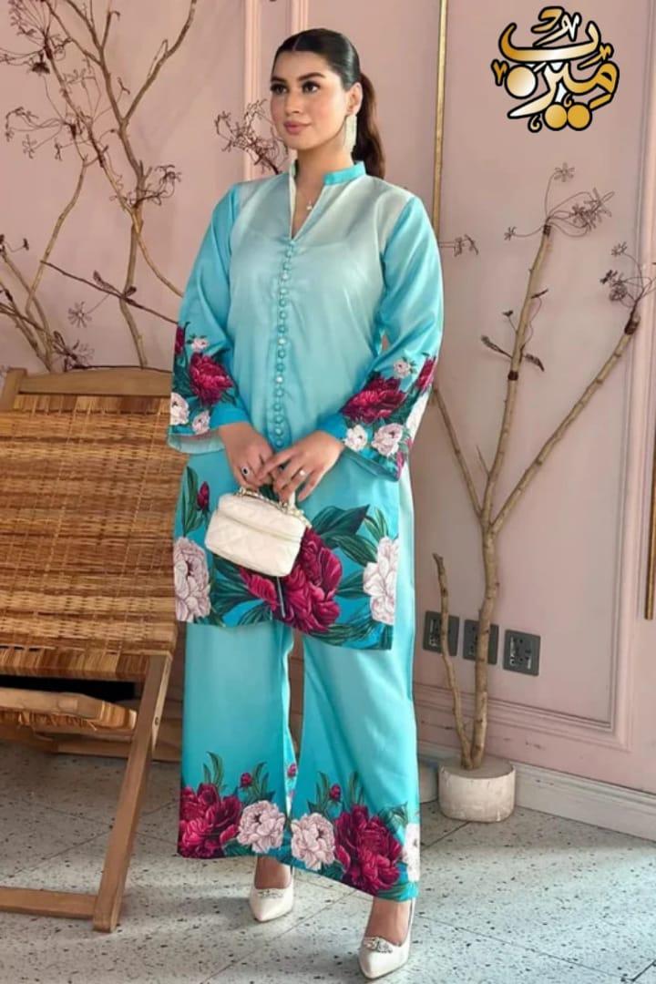 2 Pcs Women's Stitched Silk Printed Shirt And Trouser