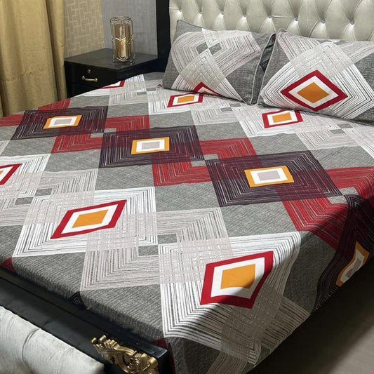3 Pcs Crystal Cotton Printed Double Bedsheet