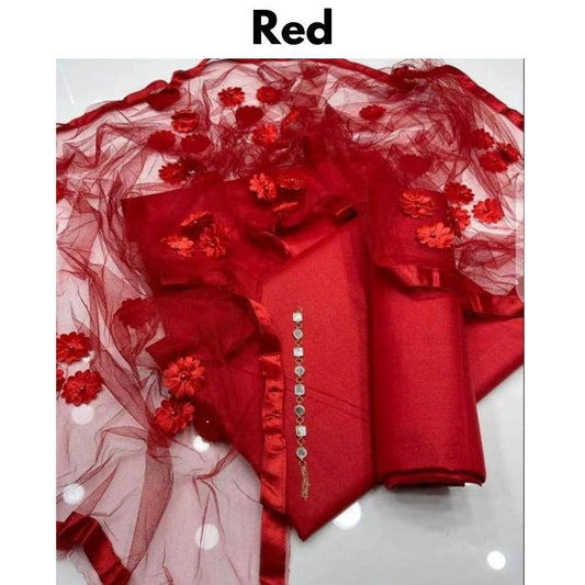 3 Pcs Women's Unstitched Katan Silk Plain Suit