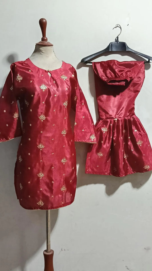 2 Pcs Women's Stitched Katan Silk Embroidered Shirt And sharara 2p
