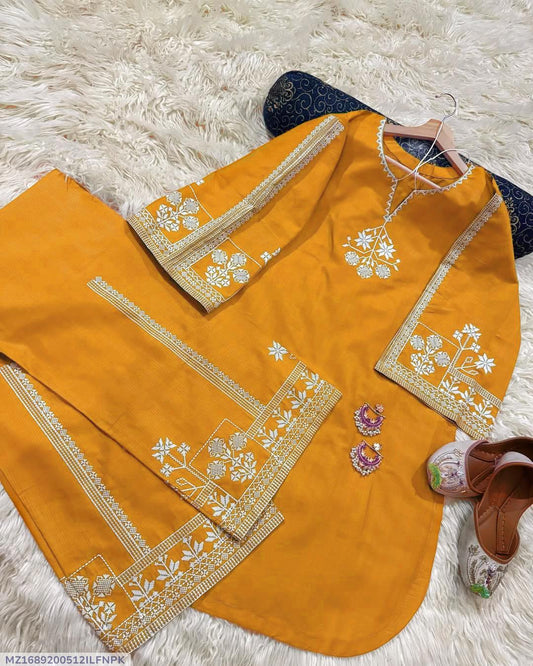2 Pcs Women's Stitched Cotton Embroidered Shirt And Trouser
