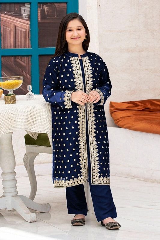 3 Pcs Girl's Silk Embroidered Kurta And Pajama