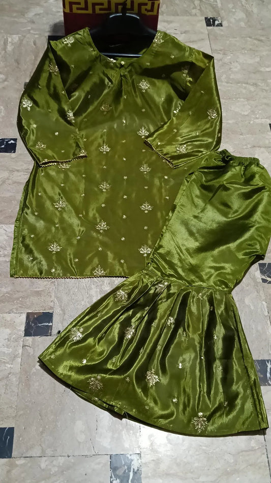 2 Pcs Women's Stitched Katan Silk Embroidered Shirt And sharara 2p