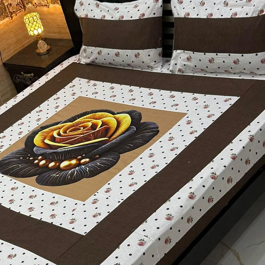 Stylish 3 Pcs Cotton Sotton Digital Gold Panel Patchwork Double Bedsheet