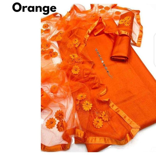 3 Pcs Women's Unstitched Katan Silk Plain Suit