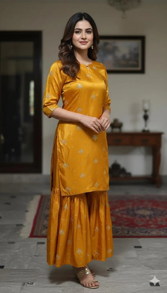 2 Pcs Women's Stitched Katan Silk Embroidered Shirt And sharara 2p