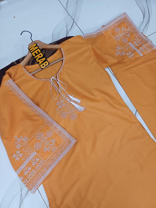 2 Pcs Women's Stitched Cotton Embroidered Shirt And Trouser