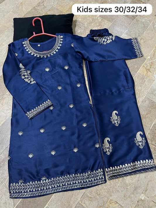 Blue Embroidered Shirt and Trouser Suit for Girls - 2 Pcs Set (Ages 6-12)