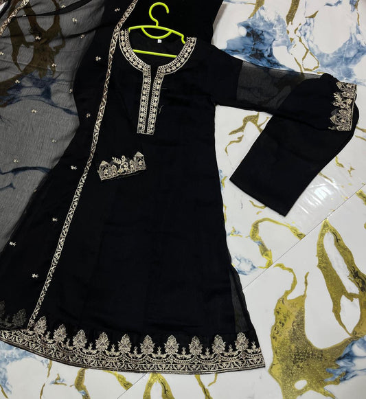 3 Pcs Girl's Chiffon Embroidered Frock And Trouser Set