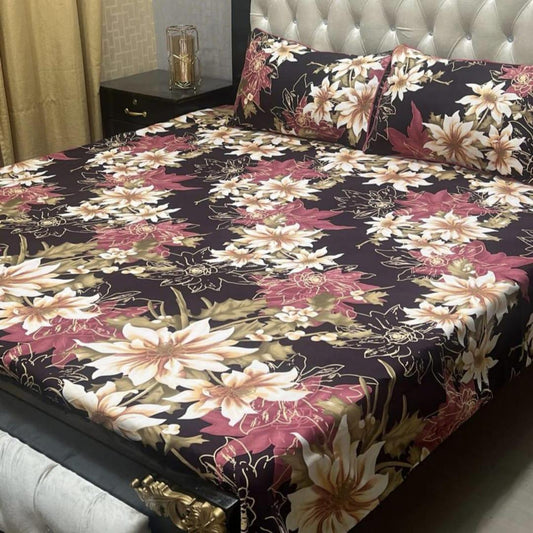 Stylish Black Printed Double Bed Sheet Set - 3 Pcs with Pillows