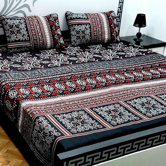 3 Pcs Crystal Cotton Printed Double Bedsheet