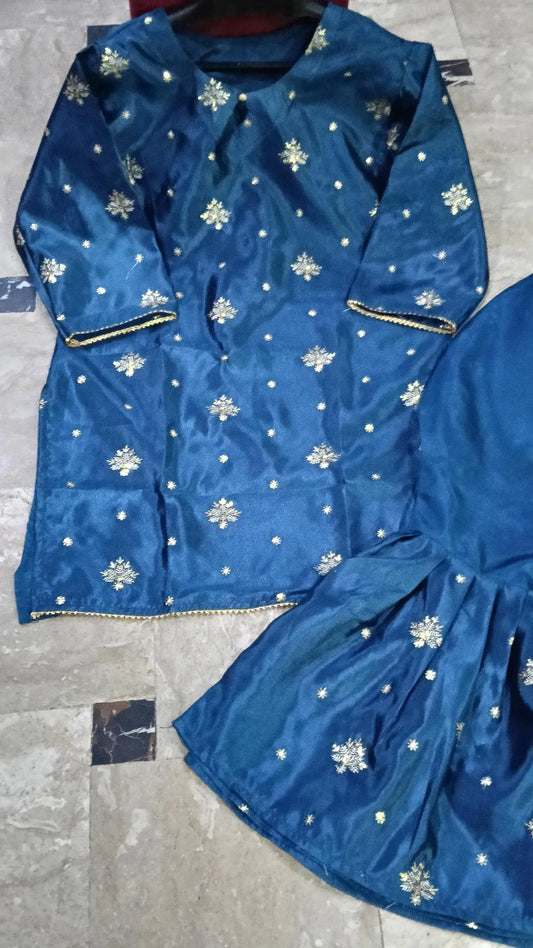 2 Pcs Women's Stitched Katan Silk Embroidered Shirt And sharara 2p
