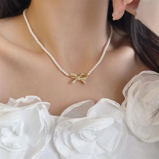 Bow Shape Pearl Korean Necklace (PQT-992)