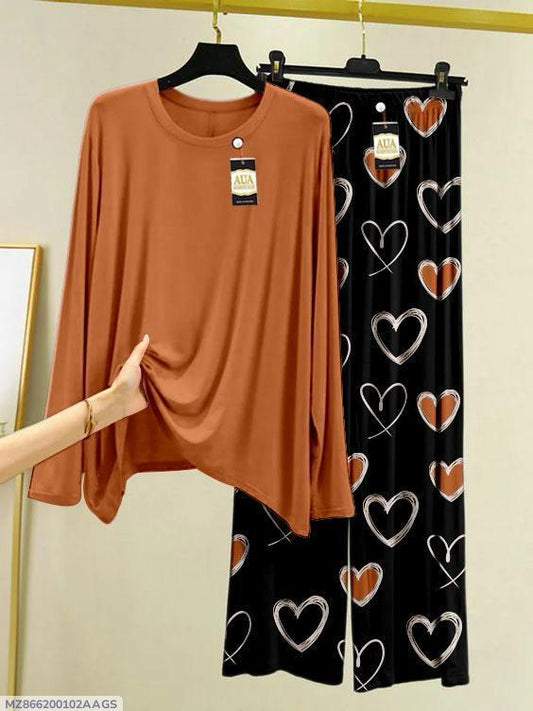 2 Pcs Women's Stitched Plain Night Suit