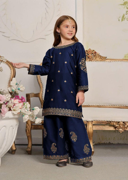 Blue Embroidered Shirt and Trouser Suit for Girls - 2 Pcs Set (Ages 6-12)
