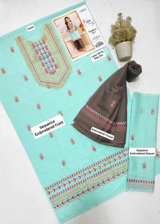2 Pcs Girl's Lawn Embroidered Unstitched Suit