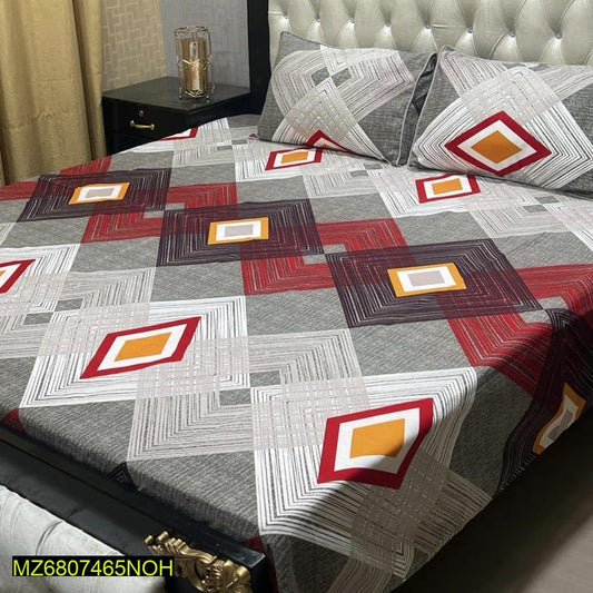 3 Pcs Crystal Cotton Printed Double Bedsheet