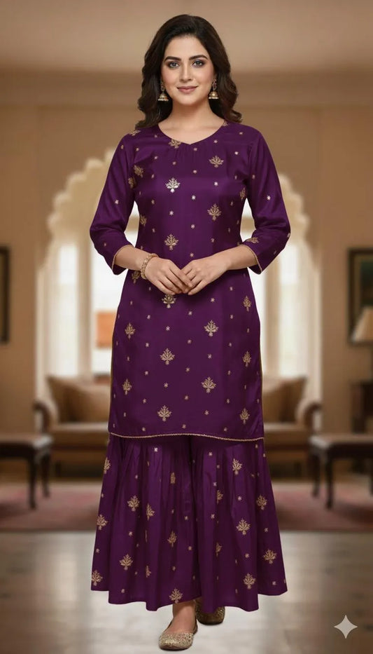2 Pcs Women's Stitched Katan Silk Embroidered Shirt And sharara 2p