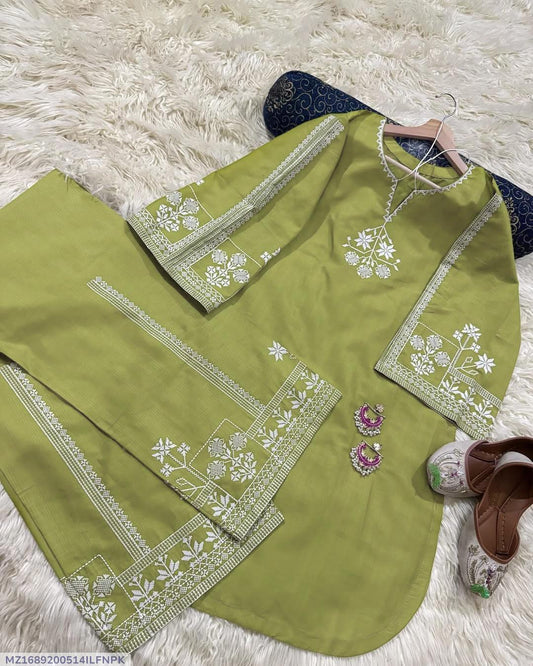2 Pcs Women's Stitched Cotton Embroidered Shirt And Trouser