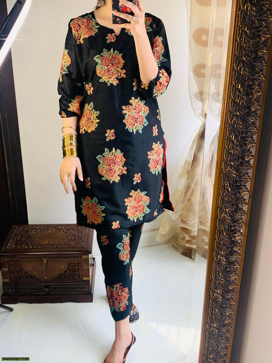 2 Pcs Women's Stitched Linen Printed Shirt And Trouser - Black